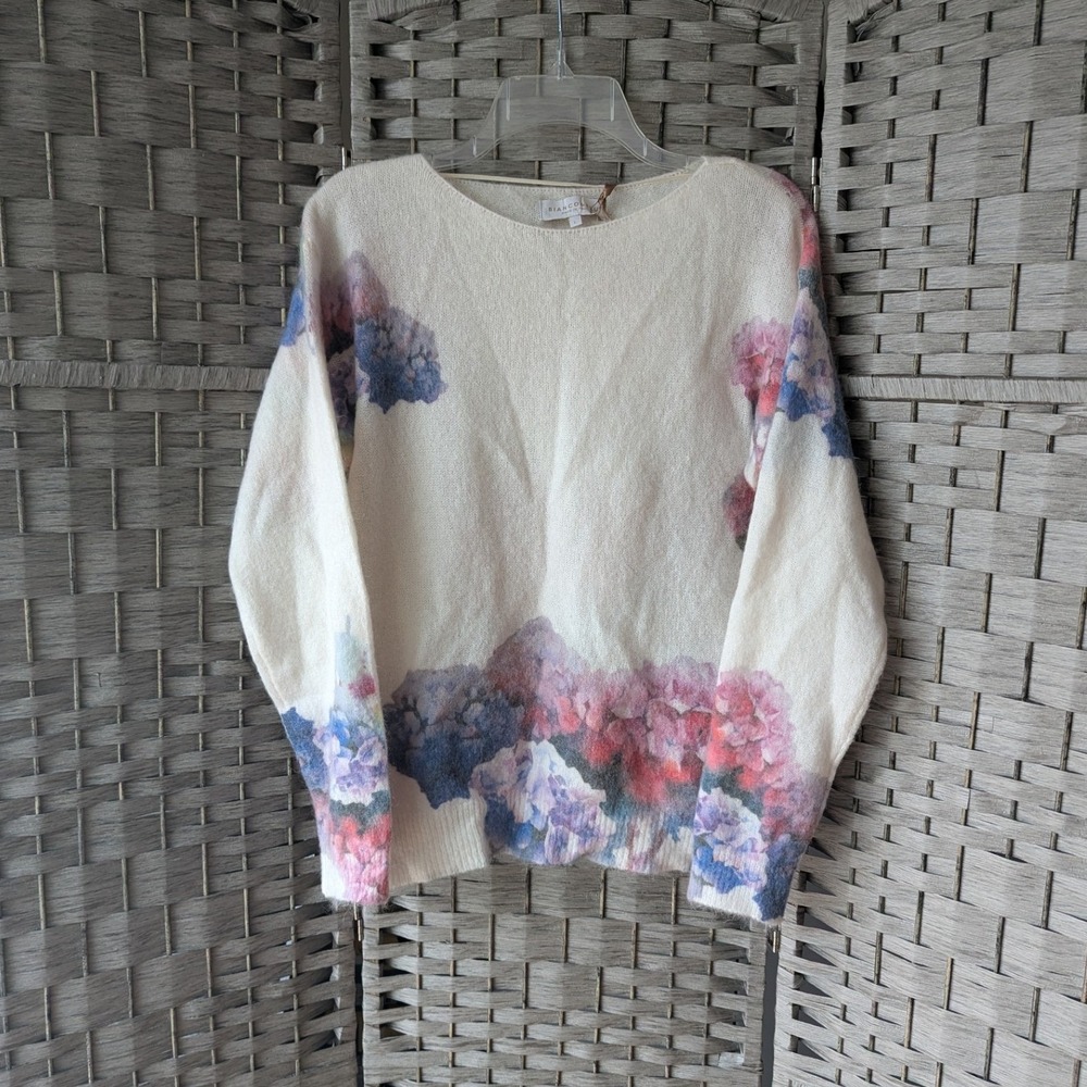 Bianco & Blu Sweater Cream Floral Mohair Wool Blend Italian Made L Butter Soft